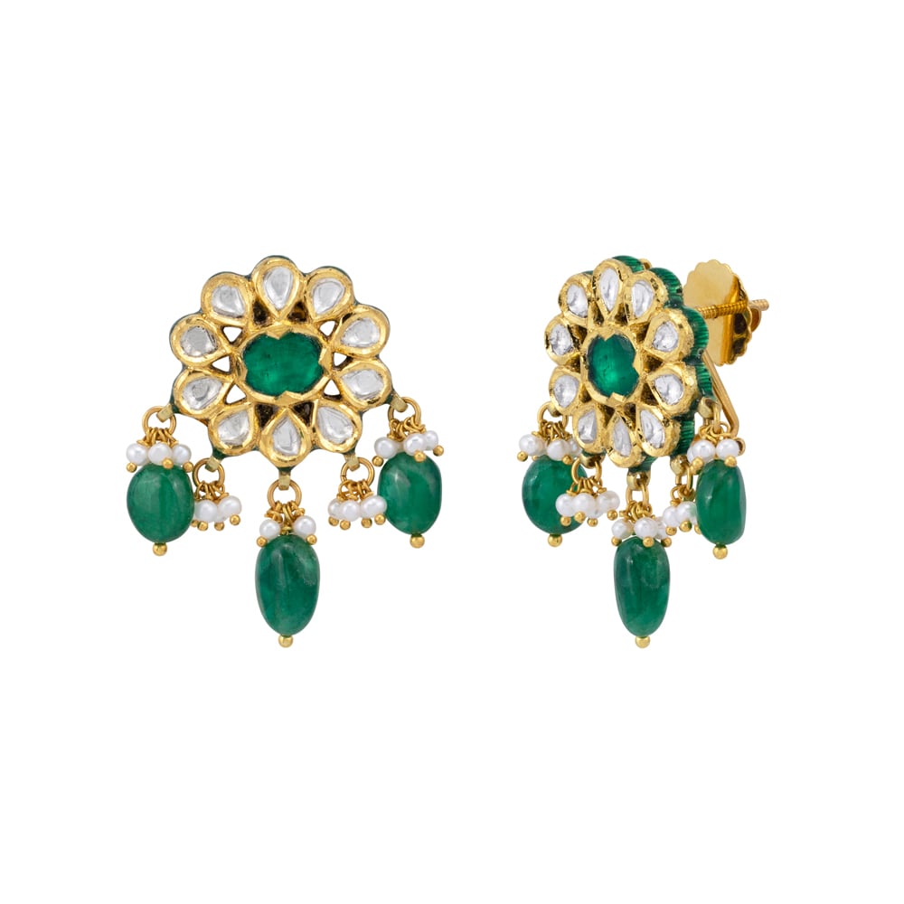 Green Talaf Floral Studs with Polkis, Emerald and Pearls